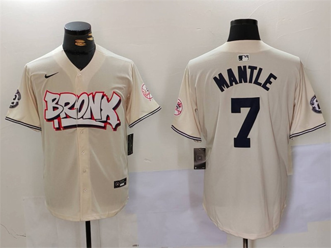 Men's New York Yankees #7 Mickey Mantle Cream Bronx Graffiti V2 Vapor Limited Stitched Baseball Jersey